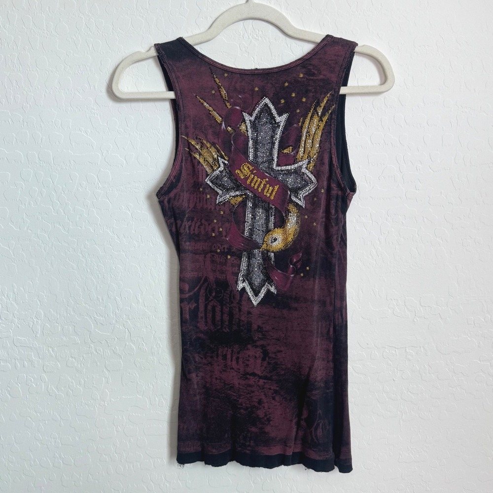 Sinful by Affliction Women Rhinestone Cross Graphic Tank Top Grunge Goth L‎